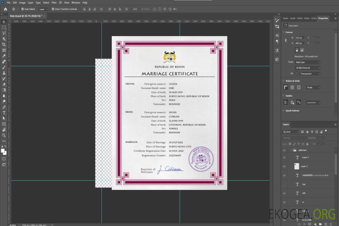 Modèle PSD de certificat de mariage du Bénin template